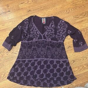 Purple Embroidered women v neck tunic 3/4 sleeve boho bohemian size large Dress